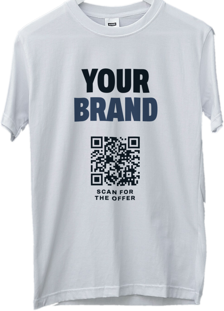 A white t-shirt printed with a campaign design and a scannable QR code